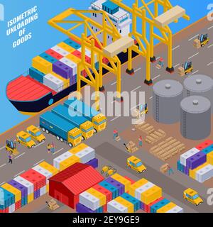 Processus de livraison et de déchargement de marchandises à partir du navire de cargaison 3d illustration du vecteur isométrique Illustration de Vecteur