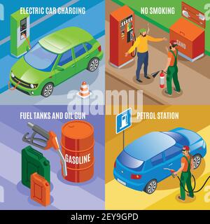 Les stations-service se réapprovisionne en concept isométrique 2x2 avec des compositions de images de voiture réservoirs de carburant et illustration de vecteur de texte Illustration de Vecteur