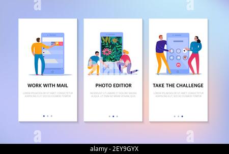 Bannières verticales d'interaction téléphonique avec champ de texte et personnes utilisation des icônes de l'éditeur de courrier et de photo illustration vectorielle isolée à plat Illustration de Vecteur