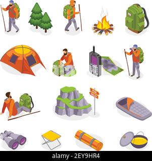 Collection d'icônes isométriques de randonnée avec images isolées d'équipement de camping objets et personnages humains de touristes illustration vectorielle Illustration de Vecteur