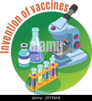 Vaccination fond isométrique avec images de microscope et de tubes en verre rempli de liquides colorés avec illustration vectorielle de texte Illustration de Vecteur
