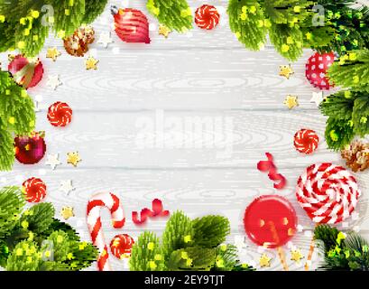 Arrière-plan réaliste de table en bois encadré de branches de sapin bonbons et décorations de noël illustration vectorielle Illustration de Vecteur