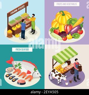 Marché agricole 2x2 concept ensemble de lait de fruits de mer frais produits fruits et légumes illustration vectorielle isométrique Illustration de Vecteur