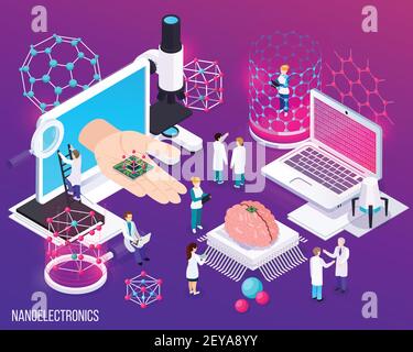 La composition isométrique de nanoélectronique avec des icônes a démontré des réalisations scientifiques en microbiologie et illustration vectorielle de la médecine moderne Illustration de Vecteur