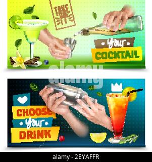 Jeu réaliste de deux bannières horizontales colorées avec mains barman mélange de cocktails illustration vectorielle isolée Illustration de Vecteur