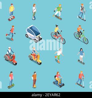 Icônes personnelles de transport écologique avec vélo et scooter isométriques illustration vectorielle isolée Illustration de Vecteur