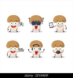 Le personnage de dessin animé de chammignon joue à des jeux avec diverses émoticônes mignons. Illustration vectorielle Illustration de Vecteur