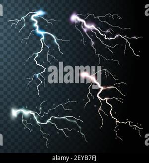 Orage éléments réalistes avec des éclairs de couleur étincelles allumé illustration vectorielle isolée d'arrière-plan semi-transparent noire Illustration de Vecteur