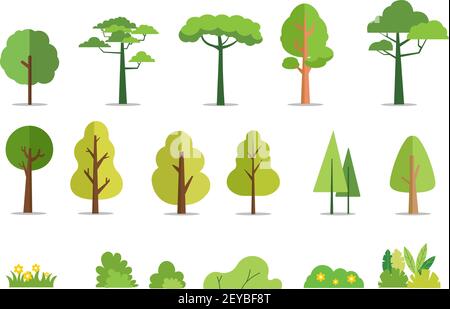 Les arbres et les buissons définissent une illustration vectorielle de style plat.arbre forestier de dessin animé.plante Et fleurs.arbre arrière-plan isolé Illustration de Vecteur
