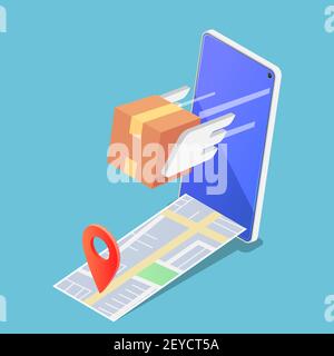 Colis isométriques 3D plats Box volant rapidement à partir d'un smartphone avec une épingle sur la carte. Concept de services de livraison rapide et sûr. Illustration de Vecteur