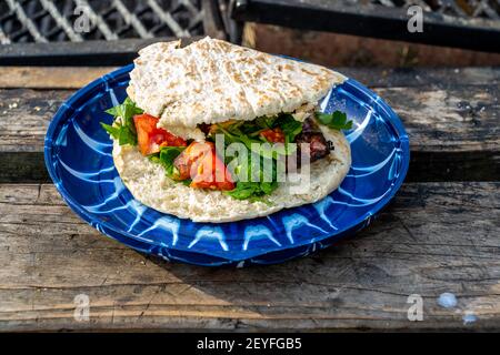 Souvlakia cuit au feu d'un camping. Servi sur une assiette bleue avec des tomates rouges, des légumes verts et du pain pita Banque D'Images