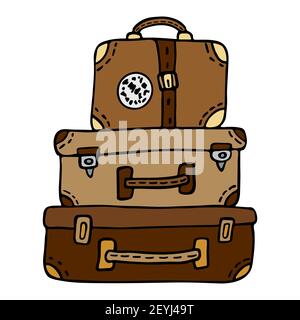 Une pile de valises de voyage en cuir rétro avec un autocollant et des sangles, marron et rouge. Illustration vectorielle de style caricatural dessinée à la main sur fond blanc Illustration de Vecteur