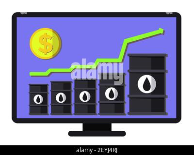 Augmentation record du prix du pétrole - vecteur conceptuel. Graphique de la croissance financière. La composition plate comprend les barils de pétrole, la flèche et la pièce. Modèle superposé pour Illustration de Vecteur