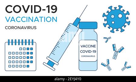 Bannière vaccin COVID-19, calendrier, une ampoule de vaccin et une seringue, coronavirus et anticorps. Un modèle d'affiche médicale dans les tons de bleu. Ven Illustration de Vecteur