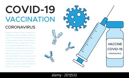 Banner COVID-19 vaccination, une ampoule de vaccin et une seringue, coronavirus et anticorps. Un modèle d'affiche médicale dans les tons de bleu. Vecteur illus Illustration de Vecteur