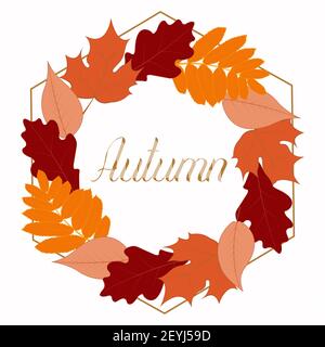 Illustration brillante avec des feuilles de chute en forme de couronne. Inscription calligraphique automne, peut être utilisé pour annoncer des ventes saisonnières et des rabais. Illustration de Vecteur
