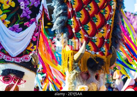 Bulgare Kukeri à Varna Carnival.Kukeri sont des hommes bulgares en costume élaboré, qui exécutent des rituels traditionnels destinés à effrayer les mauvais esprits. Banque D'Images