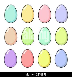 Set de Pâques heureux avec une douzaine d'oeufs de Pâques. Des éléments amusants de vacances dans des couleurs délicates - rose, bleu, jaune, vert, lilas, violet, menthe et corail. Carré Illustration de Vecteur