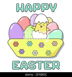Carte de Pâques avec lettrage. Un joli poulet éclos d'un œuf dans une assiette d'œufs peints. Bande dessinée de fête aux couleurs délicates : rose, bleu, Illustration de Vecteur