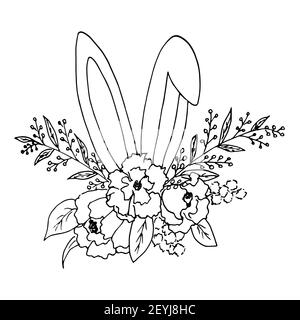 Croquis d'un bouquet de fleurs et de feuilles de Pâques avec des oreilles saillantes d'un lapin. L'illustration vectorielle dans le style de la linéarte dessinée à la main isole un bl Illustration de Vecteur