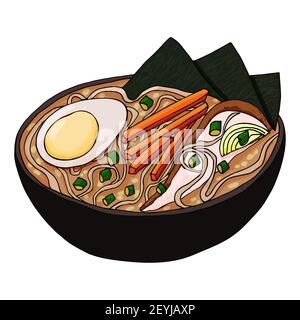 Vecteur de soupe de ramen japonais. Repas asiatique traditionnel avec poulet, œufs, carottes, oignons et nouilles dans un bouillon miso. Illustration de stock isolée sur blanc Illustration de Vecteur