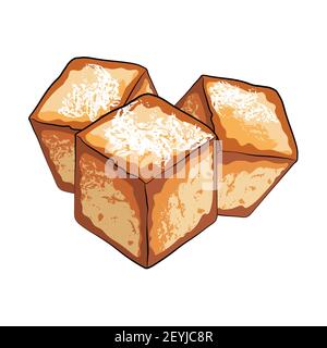 Tofu frit dans le style chinois sur fond blanc. Plats végétariens, ingrédients culinaires asiatiques. Dessin animé d'illustration de stock vectoriel. Illustration de Vecteur