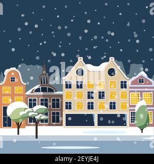 Nuit hiver ville européenne - maisons et magasins, arbres, un parc avec lanternes et bancs, une ville enneigée. L'illustration vectorielle dans un style plat est su Illustration de Vecteur