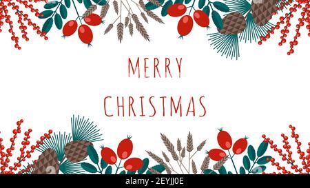 Carte de vœux Merry Christmas avec cadre plantes d'hiver dans le style rétro. Illustrations vectorielles avec symboles botaniques de vacances- pin, cône, b Illustration de Vecteur