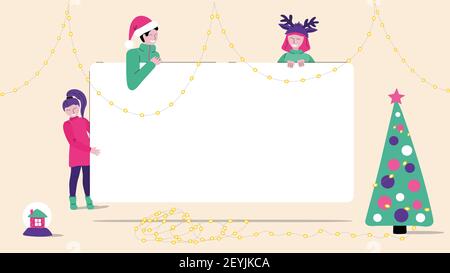 Joyeux Noël en famille souriant tenant une bannière blanche, un endroit pour votre texte. Préparation de concept et vœux de vacances. Illustration vectorielle brillante dans Illustration de Vecteur