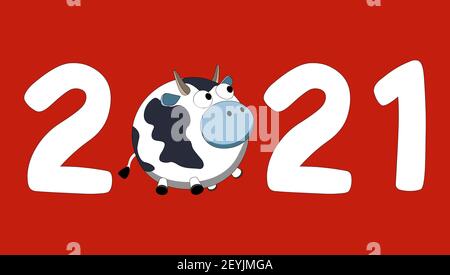 Joyeux nouvel an 2021 fond vectoriel avec chiffres blancs et symbole de l'année Bull, Ox ou Cow. L'illustration visuelle est adaptée à une bannière, la greetin Illustration de Vecteur