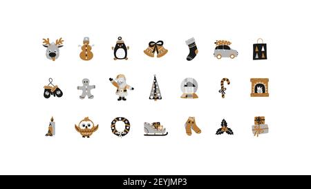 Joyeux Noël et joyeux nouvel an ensemble d'éléments de vacances dans le style dessiné à la main - or, noir, argent. Illustration vectorielle isolée - collection clip-art Illustration de Vecteur