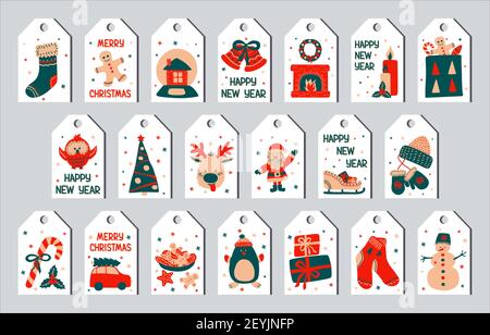 Illustration vectorielle - nouvel an et Noël ensemble d'étiquettes cadeau dans le style scandinave simple dessin à la main. Fêtes traditionnelles personnages mignons. B Illustration de Vecteur