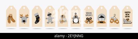 Lot d'étiquettes cadeau de Noël et du nouvel an dans le style scandinave, couleurs or, argent et noir. Illustrations vectorielles avec symboles ho Illustration de Vecteur