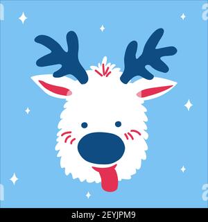 Joli cerf de Noël avec sa langue accrochée sur un fond bleu avec des flocons de neige dans le style scandinave Doodle. Illustration vectorielle, une BRI simple Illustration de Vecteur