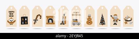 Lot d'étiquettes cadeau de Noël et du nouvel an dans le style scandinave, couleurs or, argent et noir. Illustrations vectorielles avec symboles ho Illustration de Vecteur
