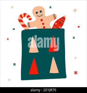 Sac-cadeau de Noël contenant du pain d'épice, des bonbons et un jouet de la nouvelle année en forme de Icicle, de style scandinave dessiné à la main. Illustration vectorielle, format carré. Costume Illustration de Vecteur
