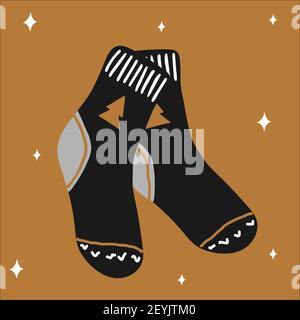 Chaussettes de Noël traditionnelles chaudes de style scandinave dessinées à la main dans des couleurs or, argent, noir.Illustration vectorielle, un simple objet lumineux, carré. Illustration de Vecteur