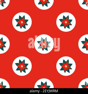 Rouge vif sans couture motif de Noël avec éléments répétitifs - cercles blancs avec poinsettia au centre.Illustration vectorielle dans un style festif. Illustration de Vecteur