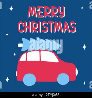 Drôle de voiture rouge épinette chance sur le coffre pour joyeux noël dans le style de doodle avec lettrage. Convient pour une carte de vœux. Illustration vectorielle, simple Illustration de Vecteur