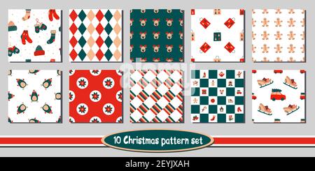 Ensemble de 10 motifs vectoriels de Noël sans couture - comprend des fonds amusants et lumineux avec des personnages de vacances mignons, des symboles d'hiver et de nouvel an, des fleurs Illustration de Vecteur