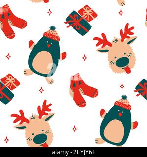 Motif vectoriel sans couture nouvel an et Noël dans le style scandinave de dessin à la main simple. Vacances traditionnelles mignon pingouin, chaussettes, renne Illustration de Vecteur