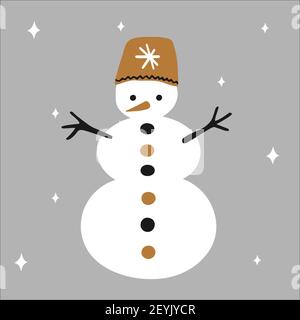 Bonhomme de neige traditionnel de Noël avec chapeau sur fond blanc et flocons de neige de style scandinave dessinés à la main dans des couleurs or, argent, noir. Vecteur Illustration de Vecteur