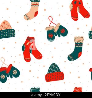 Motif vectoriel de nouvel an et de noël sans couture en style scandinave simple à dessiner à la main. Vêtements chauds traditionnels d'hiver festifs - chaussettes, chapeaux Illustration de Vecteur