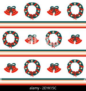 Motif de Noël vectoriel sans couture avec bandes horizontales répétées de symboles rouges, verts et beiges et de fêtes - couronne et cloches sur un blanc Illustration de Vecteur