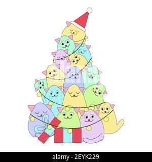 Joyeux Noël et Bonne Année. Arbre de noël chat de Noël dans le style de dessin animé et les couleurs pastel. Illustration de concept vectoriel de petits animaux de compagnie, cadeaux. Illustration de Vecteur