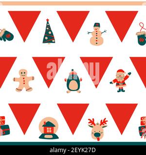 Noël bordure sans couture motif horizontal de triangles rouges répétés et de personnages mignons - Père Noël, bonhomme de neige, cerf, pingouin, homme de pain d'épice. Illustration de Vecteur