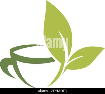 Thé chaud Ceylan ou thé vert chinois dans le logo isolé de tasse. Boisson à base de plantes vectorielles avec feuilles organiques Illustration de Vecteur