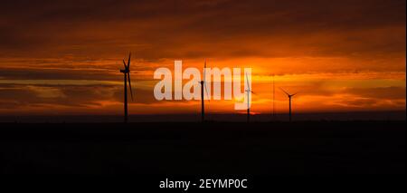 Lever du soleil orange vif crête de signal éoliennes l'énergie verte de Washington Banque D'Images