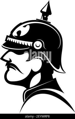Brave général de l'armée prussienne dans casque à pointes isolé tête de vue latérale. Commandant de soldat rétro Vector Illustration de Vecteur