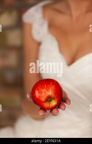 Pomme juteuse rouge dans les mains de la mariée dans une robe de mariage, une zone étroite de netteté, la mariée contre le fond d'un mur de brique est hors de f Banque D'Images